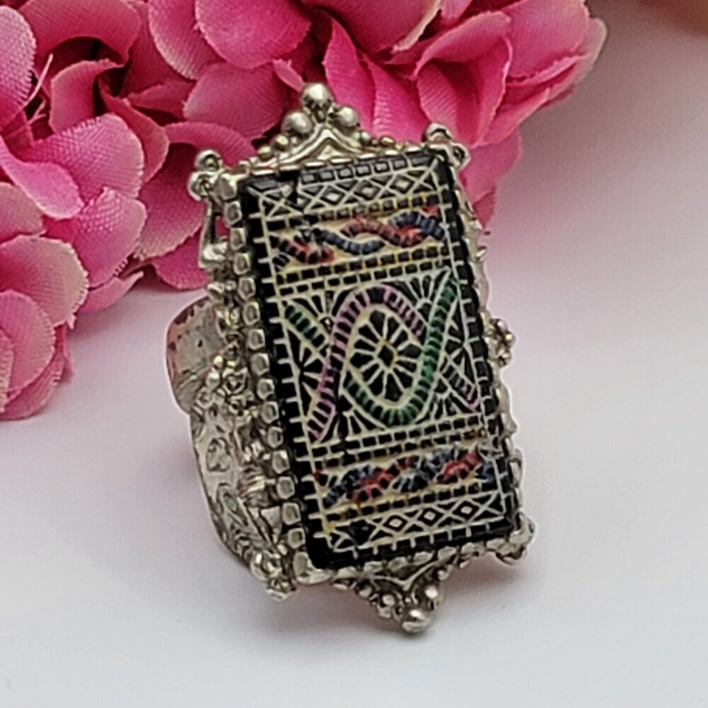 Vintage W M Rogers & Sons Spoon Ring Withe Stone Inlay Rectangle Dome Size 7.5